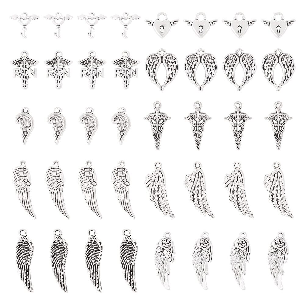 6129 Pandahall 100Pcs Angel Wings Charms Heart key Lock Charms Feather